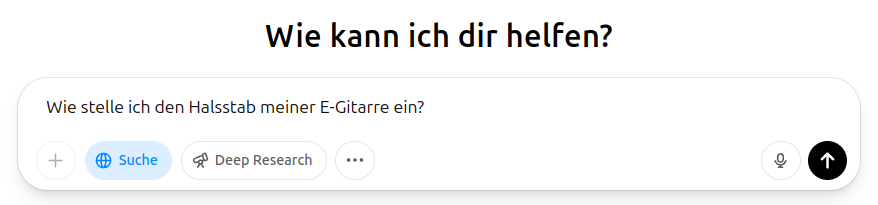 Eine Beispielfrage in der ChatGPT-Websuche: "Wie stelle ich den Halsstab meiner E-Gitarre ein?"