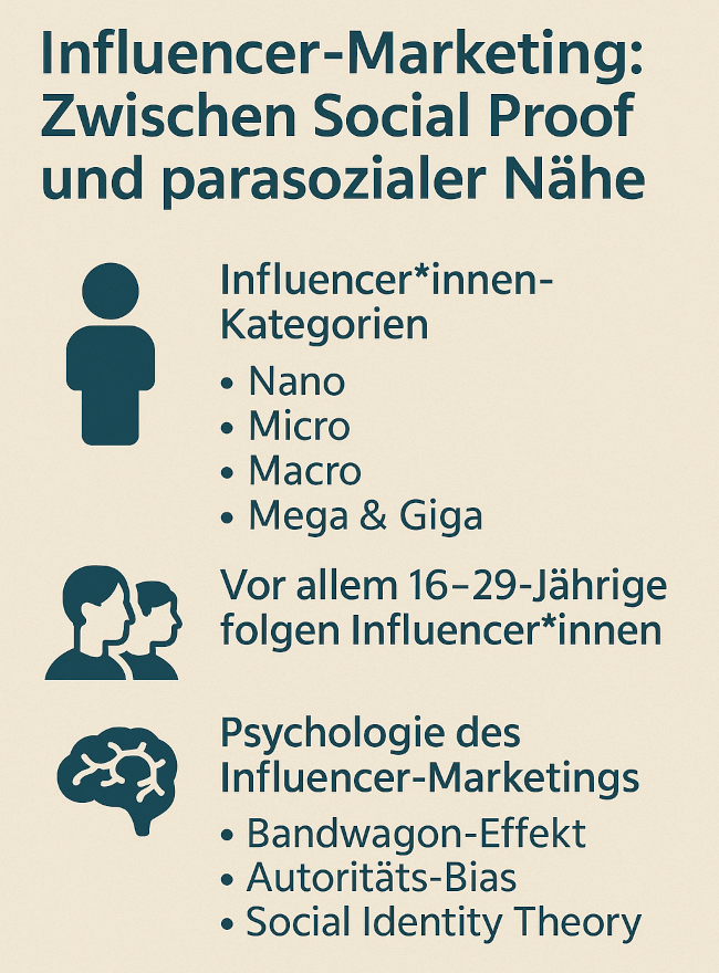 Influencer-Marketing wirkt durch Social Proof und parasoziale Nähe. Kategorien: Nano bis Giga. Hauptzielgruppe: 16–29-Jährige. Psychologische Effekte: Bandwagon, Autoritäts-Bias, Social Identity Theory.