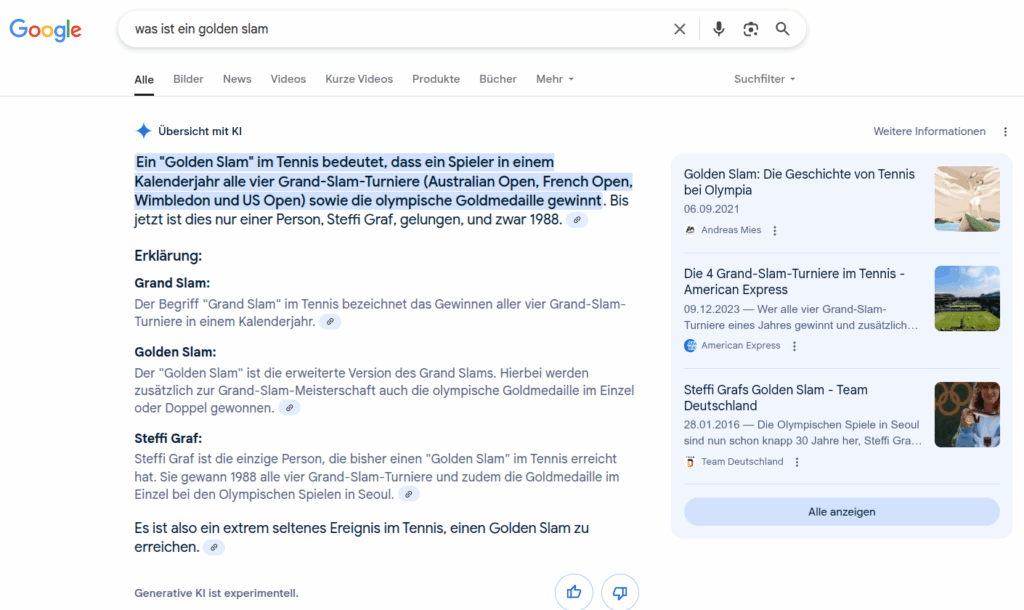 Beispiel einer AI-Overviews-Antwort in der Google-Suche: Der Begriff "Golden Slam" wird ausführlich erklärt.