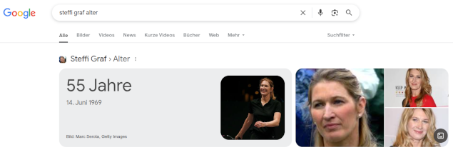 Beispiel eines Featured Snippets in der Google-Suche: Die Frage nach Steffi Grafs Alter wird direkt beantwortet.