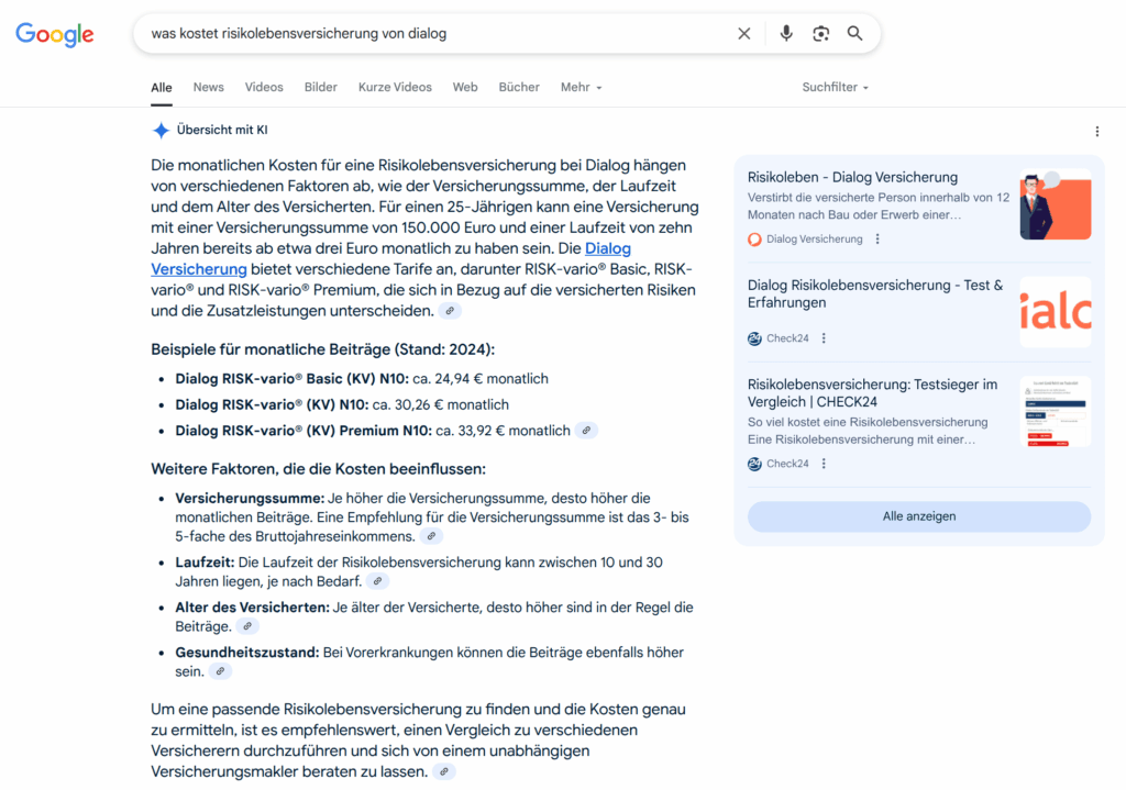 Google-Suche: "Übersicht mit KI" (AI Overviews) zur Suchanfrage "was kostet risikolebensversicherung von dialog"