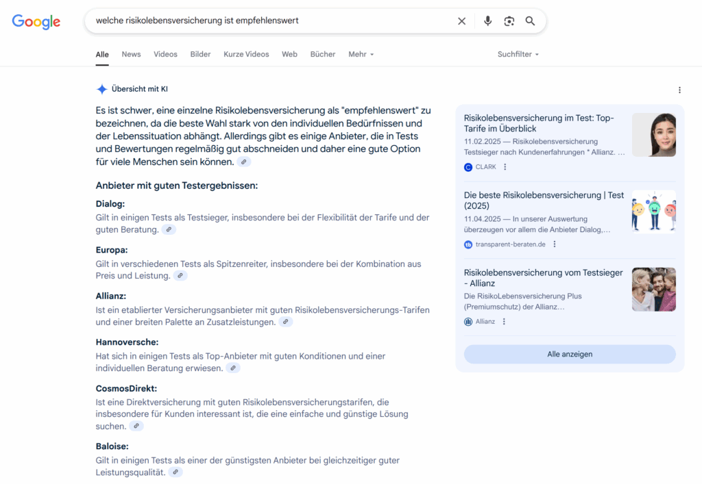 Google-Suche: "Übersicht mit KI" (AI Overviews) zur Suchanfrage "welche risikolebensversicherung ist empfehlenswert".