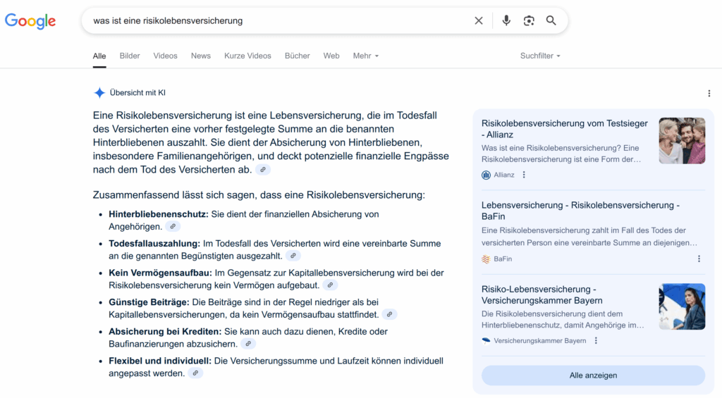 Google-Suche: "Übersicht mit KI" (AI Overviews) zur Suchanfrage "was ist eine risikolebensversicherung".