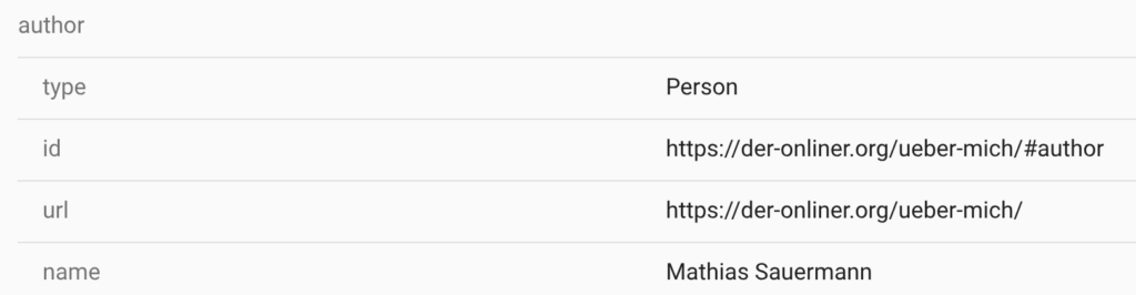 Screenshot der strukturierten Daten eines Blog-Autors: type ‚Person‘, Name ‚Mathias Sauermann‘, mit URL und ID im Quellcode ausgezeichnet.