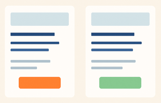 Symbolbild für A/B-Testing: Zwei nahezu identische Landingpages stehen nebeneinander. Der einzige Unterschied ist die Farbe des Call-to-Action-Buttons – links orange, rechts hellgrün.