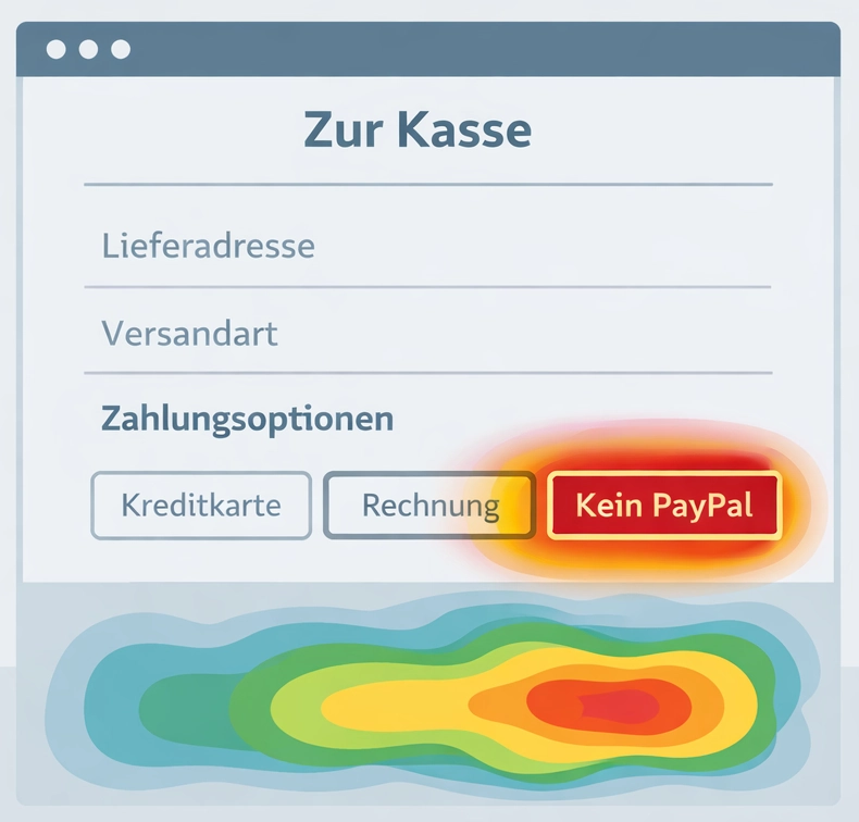 Schematische Darstellung eines Checkout-Prozesses in einem Online-Shop. Der Bereich „Zahlungsoptionen“ ist per Heatmap farblich hervorgehoben. Es werden Kreditkarte und Rechnung angezeigt, eine PayPal-Zahloption fehlt.