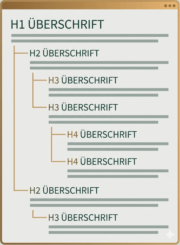 Schematische Darstellung der Heading-Tag-Struktur einer Webseite. Zu sehen sind H1-, H2-, H3- und H4-Überschriften, die hierarchisch angeordnet sind.
