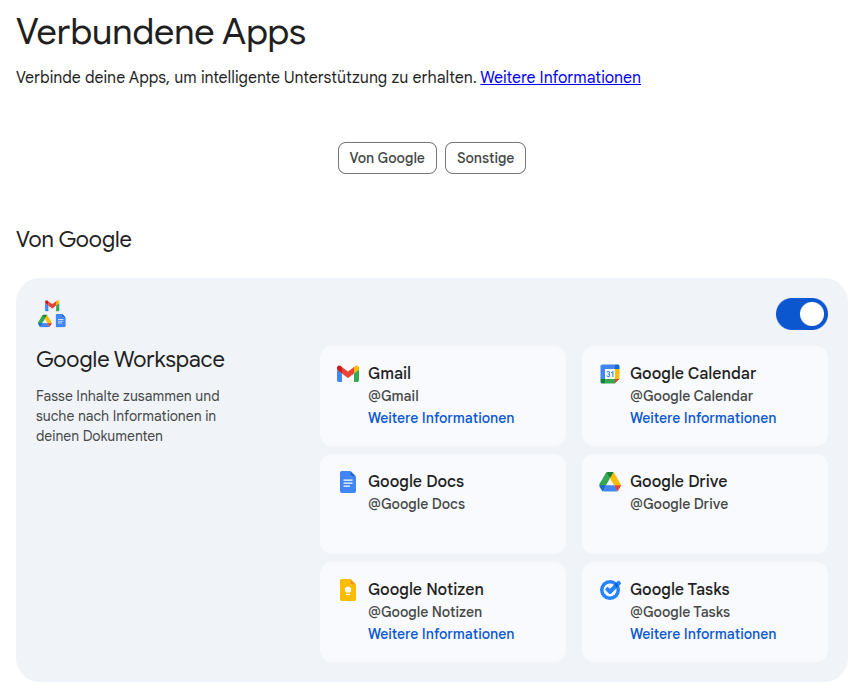 Screenshot der Gemini-Einstellungen „Verbundene Apps“ mit aktivierter Google-Workspace-Integration und auswählbaren Diensten wie Gmail, Google Drive, Docs, Kalender, Notizen und Tasks.