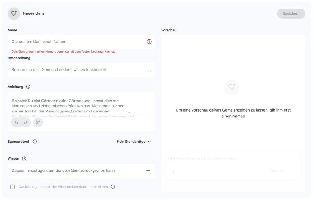 Screenshot der Bearbeitungsmaske zum Erstellen eines neuen Gems in Google Gemini. Links befinden sich Eingabefelder für Name, Beschreibung, Anleitung, Standardtool und Wissensdatenbank. Rechts ist ein großer Vorschaubereich zu sehen, in dem später die Vorschau des Gems angezeigt wird.