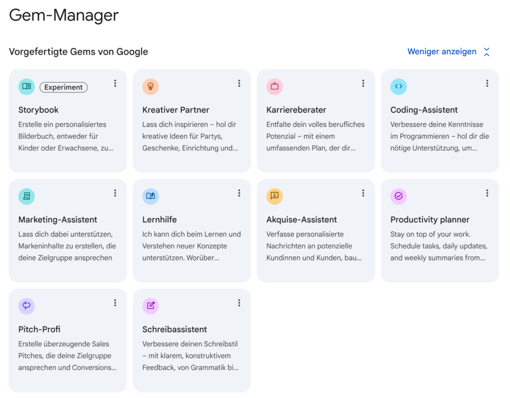 Screenshot des Gemini-Gem-Managers mit einer Übersicht vorgefertigter Gems von Google. Sichtbar sind verschiedene KI-Assistenten-Karten, darunter „Marketing-Assistent“, „Coding-Assistent“, „Lernhilfe“, „Karriereberater“ und „Schreibassistent“. Jede Karte enthält eine kurze Beschreibung des jeweiligen Einsatzzwecks. Die Oberfläche ist in einem hellen, kachelartigen Design aufgebaut.
