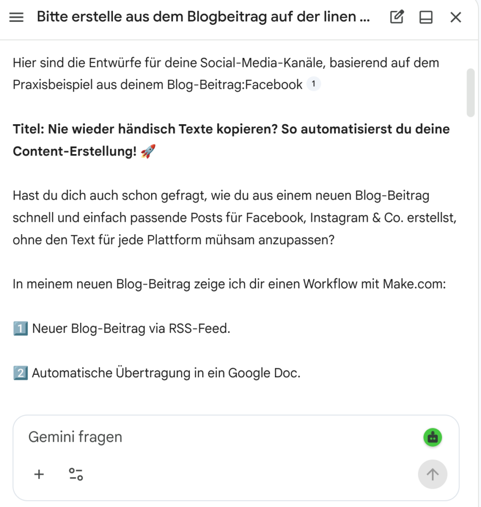 Screenshot der Gemini-Seitenleiste in Google Docs mit dem generierten Ergebnis. Gemini erstellt auf Basis des Blogbeitrags einen Social-Media-Post für Facebook mit Überschrift, Einleitung und den ersten Schritten des beschriebenen Workflows.