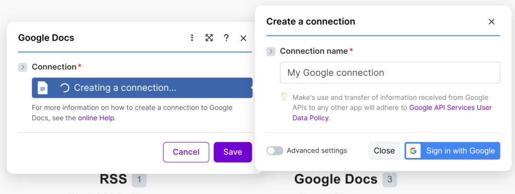Screenshot aus Make.com beim Verbinden von Google Docs mit einem Google-Konto. Links ist das Google-Docs-Modul zu sehen, das eine neue Verbindung erstellt. Rechts öffnet sich das Fenster ‚Create a connection‘. Dort kann ein Name für die Verbindung vergeben werden. Anschließend erfolgt die Anmeldung über die Schaltfläche ‚Sign in with Google‘, um Make.com den Zugriff auf Google Docs zu erlauben.