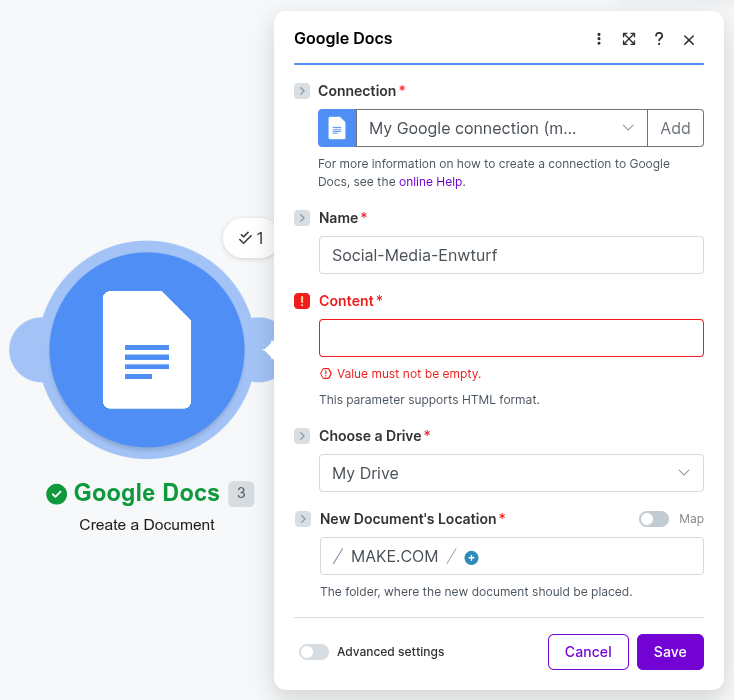 Screenshot der Google-Docs-Konfiguration in Make.com. Das Modul ‚Create a Document‘ ist bereits mit einem Google-Konto verbunden. Als Dokumentname wurde ‚Social-Media-Entwurf‘ eingetragen. Das Pflichtfeld ‚Content‘ ist noch leer und wird deshalb rot markiert. Darunter werden das Ziel-Laufwerk (‚My Drive‘) sowie der Speicherort des neuen Dokuments angezeigt. Das Bild zeigt die grundlegenden Einstellungen, die Make.com benötigt, um automatisch ein Google-Dokument zu erstellen.