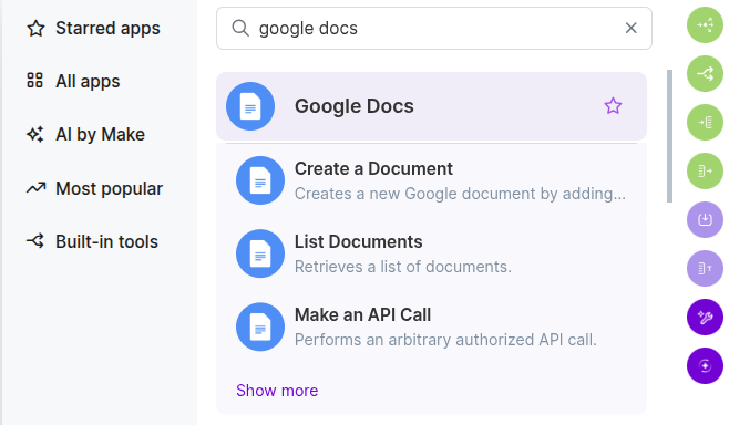 Screenshot der Modulauswahl in Make.com. Im Suchfeld wurde ‚google docs‘ eingegeben. Darunter erscheint das Google-Docs-Modul mit mehreren verfügbaren Aktionen, darunter ‚Create a Document‘ zum Erstellen eines neuen Dokuments, ‚List Documents‘ zum Abrufen vorhandener Dokumente sowie ‚Make an API Call‘ für individuelle API-Anfragen. Im Workflow wird die Aktion ‚Create a Document‘ ausgewählt.