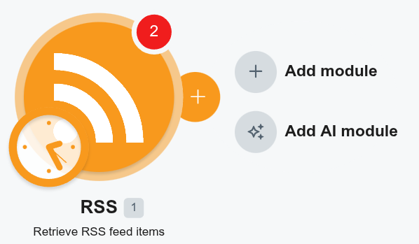 Screenshot eines Make.com-Workflows mit einem bereits eingerichteten RSS-Modul. Rechts neben dem RSS-Modul befindet sich ein Plus-Symbol zum Hinzufügen weiterer Module. Make.com bietet die Optionen ‚Add module‘ zum Einfügen eines zusätzlichen Workflow-Schritts sowie ‚Add AI module‘ zum Hinzufügen eines KI-Moduls.