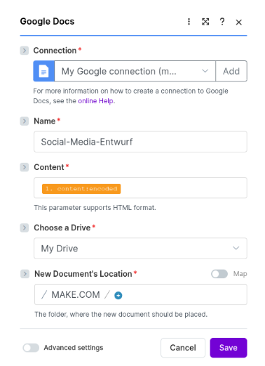 Screenshot der fertig konfigurierten Google-Docs-Aktion in Make.com. Als Verbindung ist ein Google-Konto hinterlegt. Das neue Dokument erhält den Namen ‚Social-Media-Entwurf‘. Im Feld ‚Content‘ wurde das RSS-Datenfeld ‚content:encoded‘ eingefügt, das den vollständigen Inhalt des Blogbeitrags enthält. Als Speicherort sind ‚My Drive‘ und der Ordner ‚MAKE.COM‘ ausgewählt. Nach dem Speichern erstellt Make.com automatisch ein Google-Dokument mit dem Inhalt des Blogbeitrags.