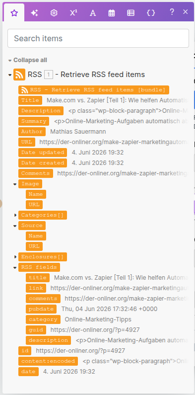 Screenshot der Datenauswahl in Make.com. Links ist die Struktur eines RSS-Feeds dargestellt. Make.com zeigt zahlreiche verfügbare Datenfelder des Blogbeitrags an, darunter Titel, Beschreibung, Zusammenfassung, Autor, URL, Veröffentlichungsdatum sowie verschiedene RSS-Felder. Am unteren Ende der Liste befindet sich das Feld ‚content:encoded‘, das den vollständigen Inhalt des Blogbeitrags enthält. Diese Datenfelder können per Mausklick oder Drag-and-drop in andere Module übernommen werden.