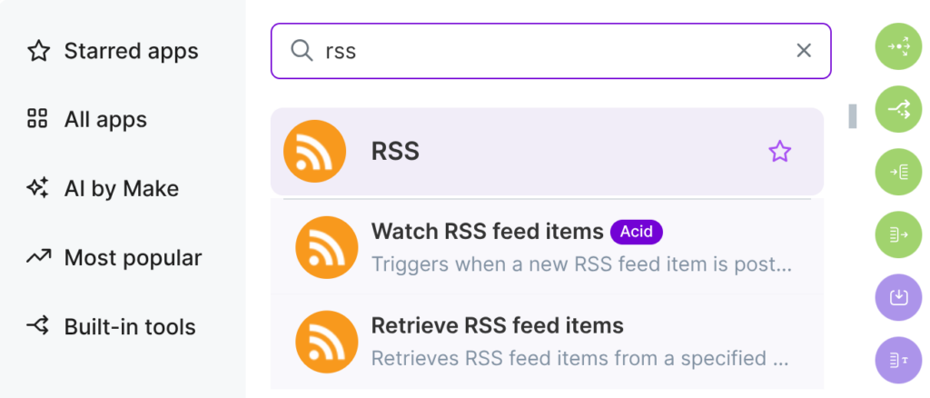 Screenshot der Suchfunktion in Make.com. Im Suchfeld wurde der Begriff ‚rss‘ eingegeben. Darunter erscheint das RSS-Modul mit den Optionen ‚Watch RSS feed items‘ zum Überwachen neuer RSS-Einträge sowie ‚Retrieve RSS feed items‘ zum Abrufen vorhandener RSS-Beiträge. Links befindet sich die Navigation mit den Kategorien der verfügbaren Module.