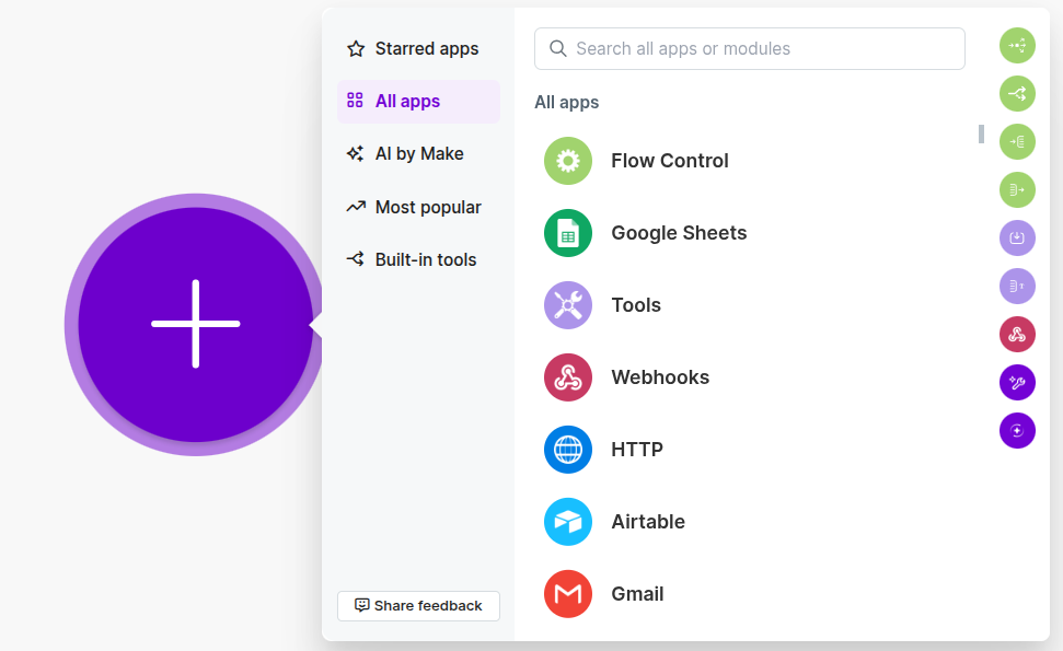 Screenshot der Modulauswahl in Make.com. Nach dem Anlegen eines Szenarios öffnet sich die Übersicht aller verfügbaren Anwendungen und Module. Links befindet sich die Navigation mit Kategorien wie ‚All apps‘, ‚AI by Make‘ und ‚Built-in tools‘. Rechts werden verschiedene Dienste wie Google Sheets, Webhooks, HTTP, Airtable und Gmail angezeigt. 
