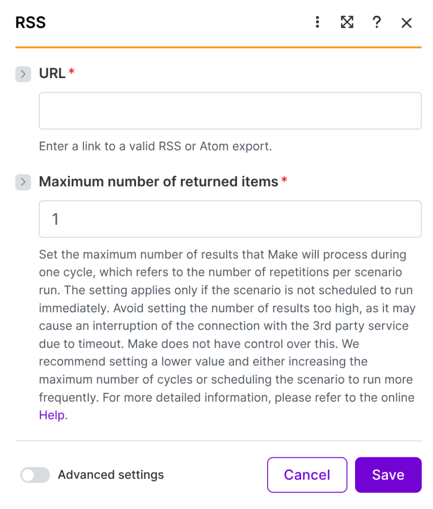 Screenshot der RSS-Konfiguration in Make.com. Das Modul enthält ein Eingabefeld für die URL des RSS-Feeds sowie das Feld ‚Maximum number of returned items‘ zur Begrenzung der Anzahl verarbeiteter Beiträge pro Durchlauf. Darunter erläutert Make.com die Funktion dieser Einstellung. Am unteren Rand befinden sich die Schaltflächen ‚Save‘ und ‚Cancel‘.