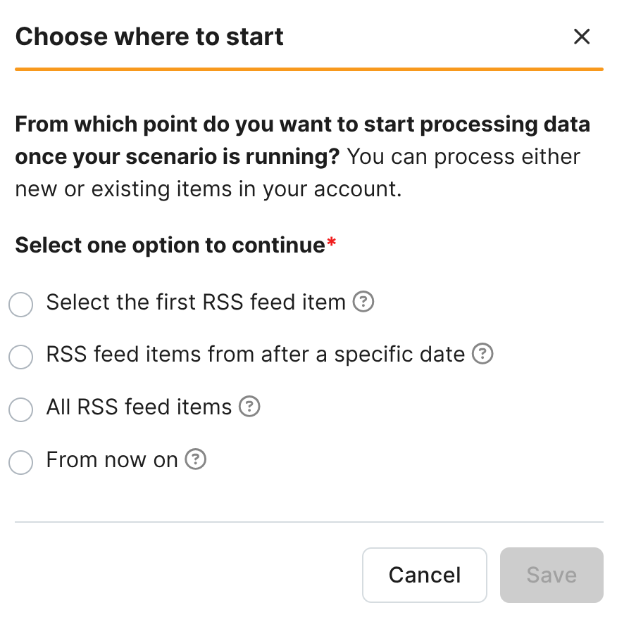 Screenshot des Dialogfensters ‚Choose where to start‘ in Make.com. Das RSS-Modul fragt, ab welchem Zeitpunkt RSS-Beiträge verarbeitet werden sollen. Zur Auswahl stehen die Optionen ‚Select the first RSS feed item‘, ‚RSS feed items from after a specific date‘, ‚All RSS feed items‘ und ‚From now on‘. Am unteren Rand befinden sich die Schaltflächen ‚Save‘ und ‚Cancel‘.