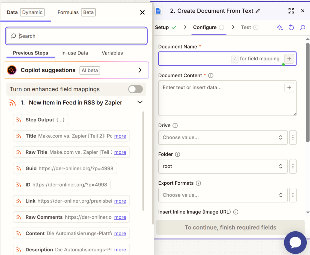 Screenshot des Zapier-Editors beim Schritt „Create Document From Text“. Links werden die Daten eines RSS-Feeds für das Feld-Mapping angezeigt, rechts die Eingabefelder für Dokumentname, Dokumentinhalt, Google Drive, Ordner und Exportformat des neuen Google-Dokuments.