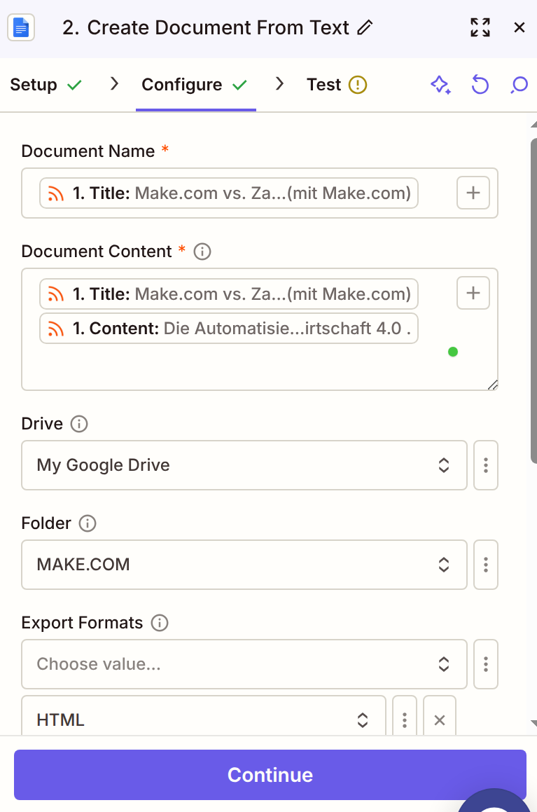 Screenshot des Zapier-Editors für „Create Document From Text“. Dokumentname und Dokumentinhalt werden aus den Daten des RSS-Feeds übernommen. Als Speicherort sind My Google Drive und der Ordner MAKE.COM ausgewählt, als Exportformat HTML.