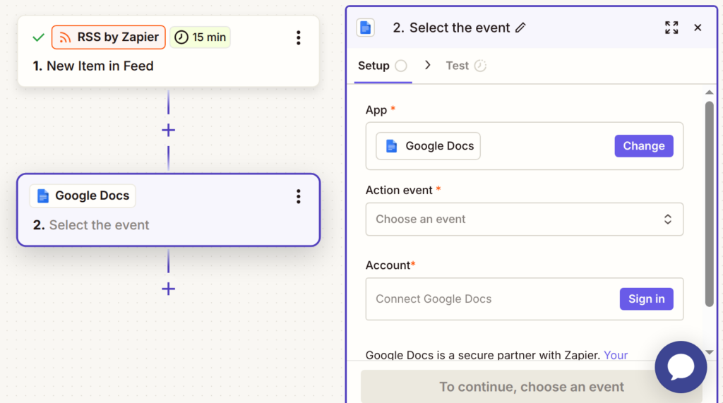 Screenshot des Zapier-Editors mit einem Workflow aus einem RSS-Trigger und einem Google-Docs-Schritt. Rechts wird die Konfiguration des Google-Docs-Schritts angezeigt, in der die App ausgewählt ist und noch das gewünschte Ereignis sowie die Kontoanmeldung fehlen.