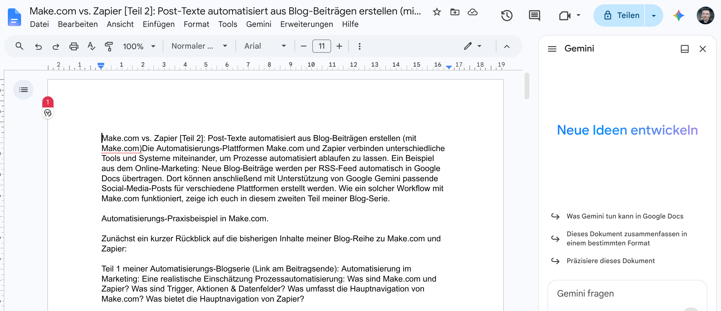 Screenshot eines in Google Docs geöffneten Dokuments, das automatisch aus einem RSS-Feed erstellt wurde. Links ist der erzeugte Blogtext zu sehen, rechts die Gemini-Seitenleiste mit Vorschlägen zur Zusammenfassung und Weiterbearbeitung des Dokuments.