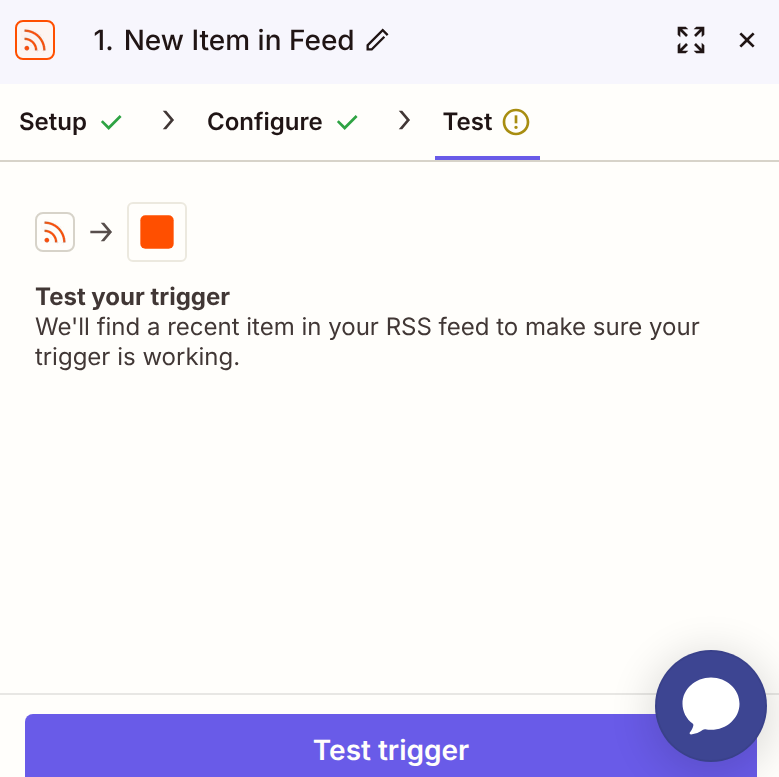Screenshot des Zapier-Editors im Schritt „Test“ des RSS-Triggers „New Item in Feed“. Zapier bietet an, den Trigger zu testen, indem ein aktueller Eintrag aus dem angegebenen RSS-Feed abgerufen wird. Unten befindet sich die Schaltfläche „Test trigger“.