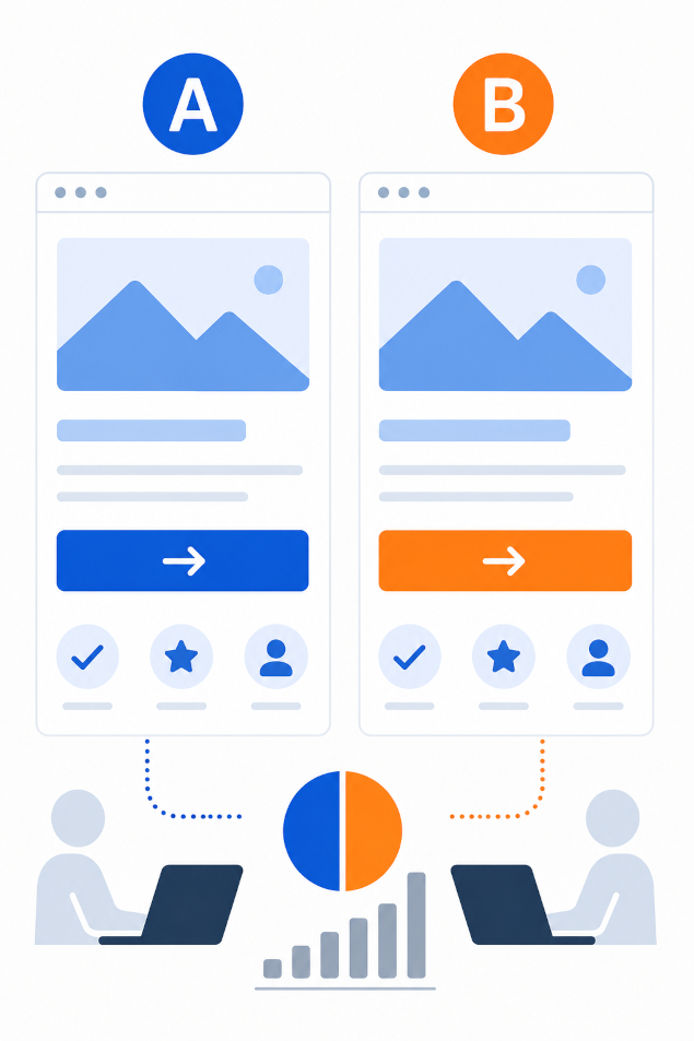 Illustration eines A/B-Tests: Zwei Landingpage-Varianten nebeneinander, identisch aufgebaut mit Bild, Textzeilen und drei Icons (Häkchen, Stern, Person), unterscheiden sich nur in der Button-Farbe: links Blau (Variante A), rechts Orange (Variante B). Unten zwei Personen an Laptops, verbunden mit gepunkteten Linien zu einem Tortendiagramm und einem ansteigenden Balkendiagramm in der Mitte, das die Auswertung der Testergebnisse symbolisiert.