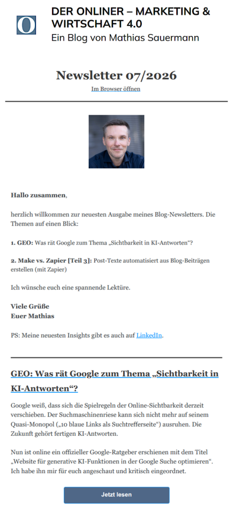 Beispielausgabe des Blog-Newsletters von Mathias Sauermann: Der Onliner – Marketing & Wirtschaft 4.0