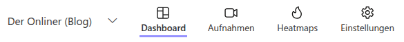 Obere Hauptnavigation von Microsoft Clarity mit den Menüpunkten Dashboard, Aufnahmen, Heatmaps und Einstellungen.