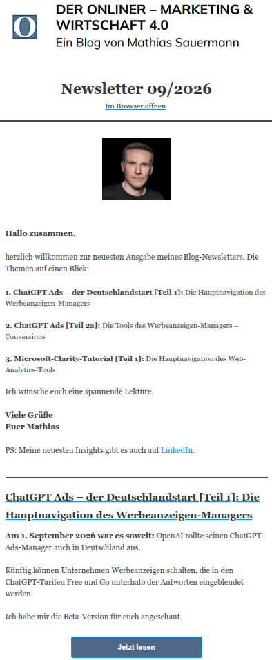 Screenshot des Newsletter-Headers 'Der Onliner – Marketing & Wirtschaft 4.0' von Mathias Sauermann, Ausgabe 09/2026, mit Porträtfoto und Themenübersicht: ChatGPT Ads Teil 1 und 2a, sowie Microsoft-Clarity-Tutorial Teil 1.
