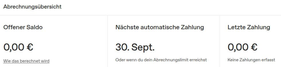 Screenshot: Abrechnungsübersicht im ChatGPT-Ads-Manager mit offenem Saldo, nächster Zahlung am 30. September, letzter Zahlung.