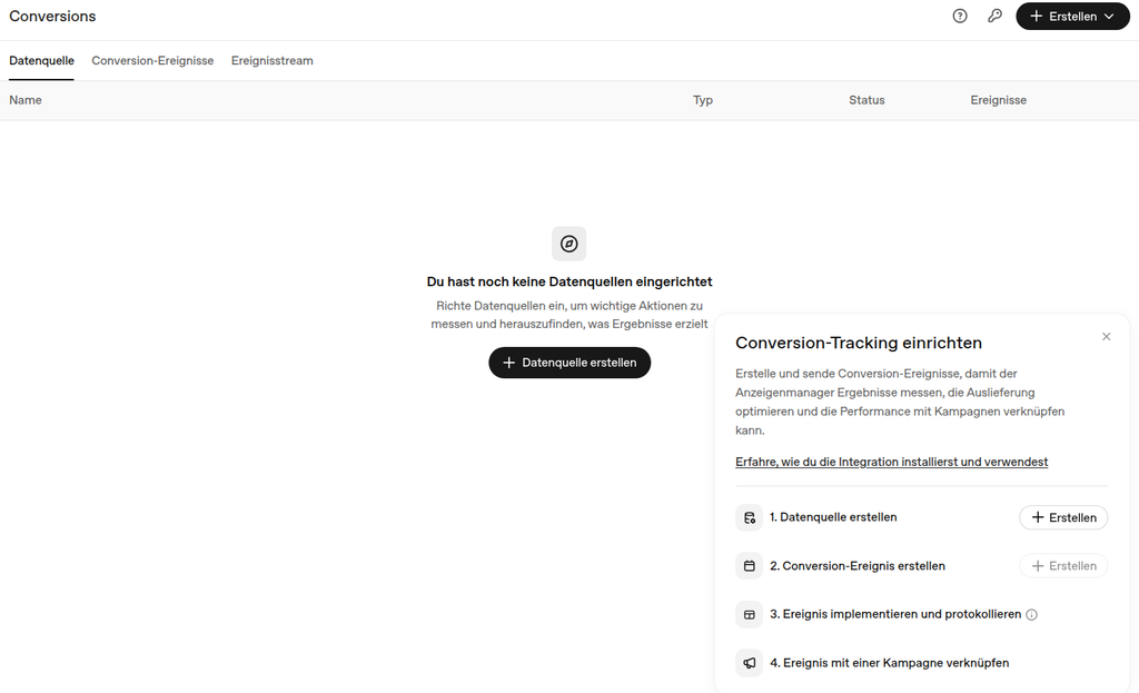 Screenshot ChatGPT-Ads-Manager: Conversions-Bereich mit vierstufigem Setup-Flow für Datenquelle, Ereignis, Implementierung, Verknüpfung.
