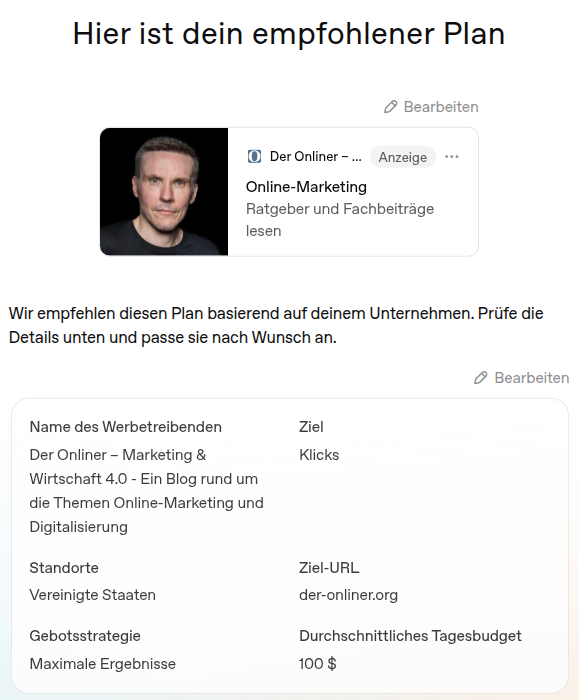 Screenshot ChatGPT-Ads-Manager: Empfohlener Anzeigenplan für „Der Onliner" mit Zielvorgaben und Tagesbudget von 100 $