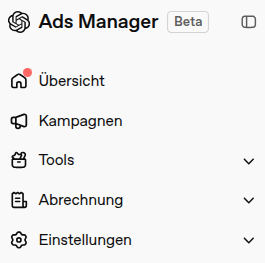 Screenshot: Hauptnavigation des ChatGPT-Ads-Manager mit Übersicht, Kampagnen, Tools, Abrechnung, Einstellungen.
