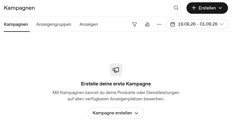 Screenshot ChatGPT-Ads-Manager: Kampagnen-Bereich mit Tabs Kampagnen, Anzeigengruppen, Anzeigen, noch ohne angelegte Kampagne.