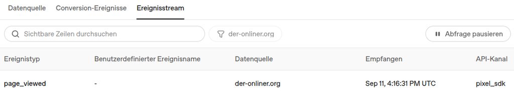 Screenshot Reiter „Ereignisstream“ im ChatGPT-Ads-Manager mit erfasstem Ereignis „page_viewed“ von der Datenquelle „der-onliner.org“, empfangen am 11. September um 16:16:31 UTC über den API-Kanal „pixel_sdk“, Abfrage läuft mit Button „Abfrage pausieren“.