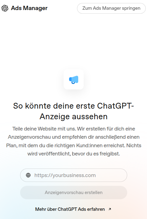 Screenshot ChatGPT-Ads-Manager: Eingabemaske für Website-URL zur automatischen Erstellung einer ChatGPT-Anzeigenvorschau.
