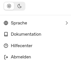 Screenshot: Systemeinstellungen im ChatGPT-Ads-Manager mit Light-/Dark-Mode, Sprache, Dokumentation, Hilfecenter