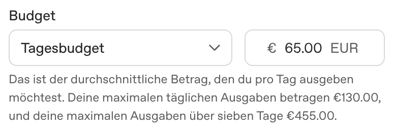 Feld "Budget" im ChatGPT-Ads-Manager mit der Auswahl "Tagesbudget" und dem Betrag 65,00 Euro sowie dem Hinweis, dass dies der durchschnittliche Tagesbetrag ist und die maximalen Ausgaben bei 130 Euro pro Tag und 455 Euro über sieben Tage liegen