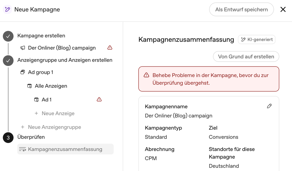 Von der KI vorbefüllter Kampagnenentwurf im ChatGPT-Ads-Manager: Schrittleiste mit Kampagne, Anzeigengruppe und Anzeige, daneben die Kampagnenzusammenfassung mit Kampagnennamen "Der Onliner (Blog)".