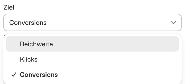 Aufgeklapptes Auswahlmenü des Felds "Ziel" im ChatGPT-Ads-Manager mit den Optionen "Reichweite", "Klicks" und "Conversions".