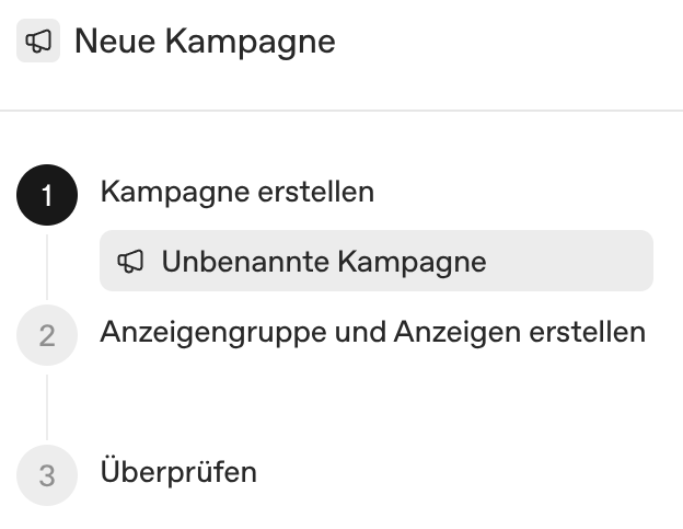 Schrittleiste der Kampagnenerstellung im ChatGPT-Ads-Manager mit drei Schritten: 1. Kampagne erstellen (Unbenannte Kampagne, aktiv), 2. Anzeigengruppe und Anzeigen erstellen, 3. Überprüfen.